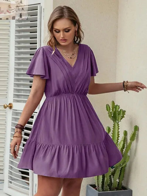 Double Take Plus Size Ruffle Hem V-Neck Short Sleeve Dress - MegaSuperStar