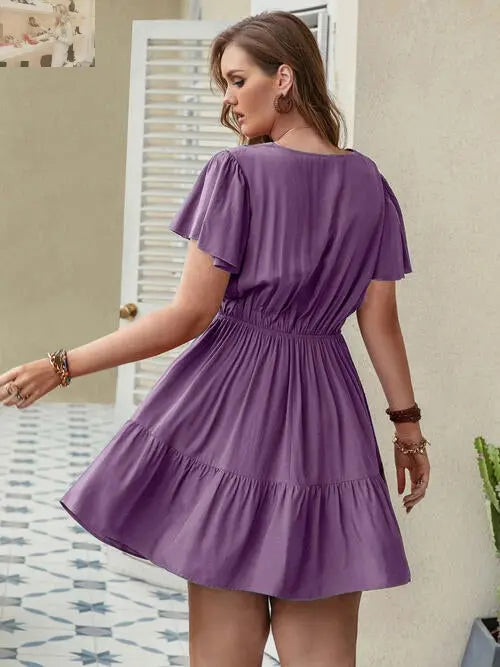 Double Take Plus Size Ruffle Hem V-Neck Short Sleeve Dress - MegaSuperStar