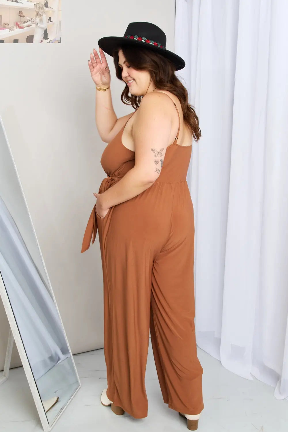 Gilli Full Size Tied Spaghetti Strap Surplice Jumpsuit in Rust - MegaSuperStar