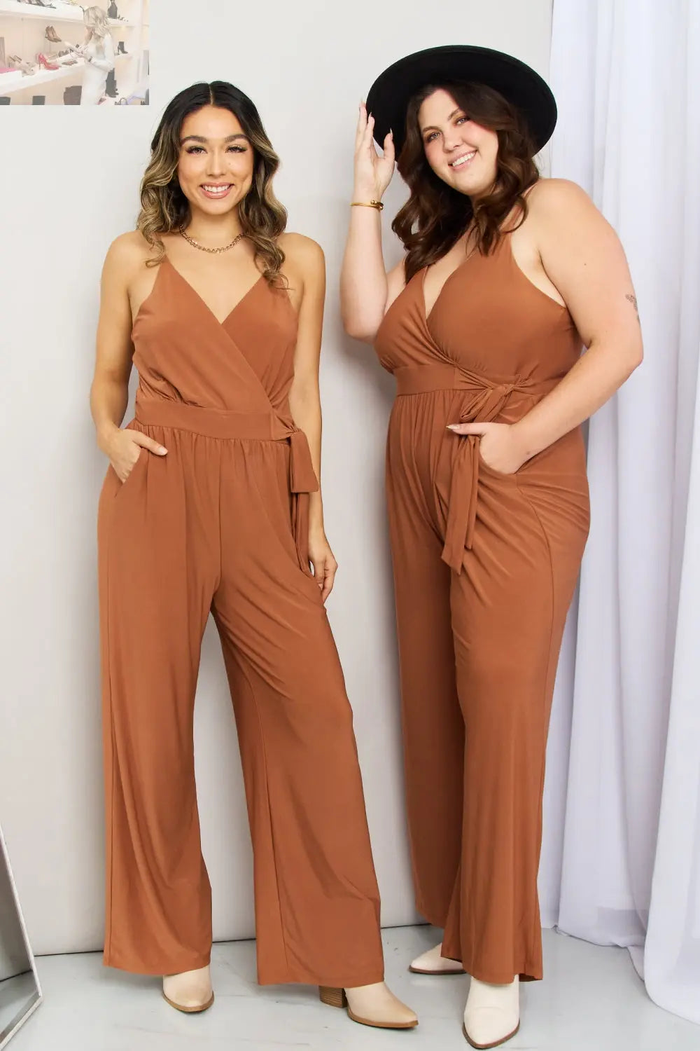 Gilli Full Size Tied Spaghetti Strap Surplice Jumpsuit in Rust - MegaSuperStar