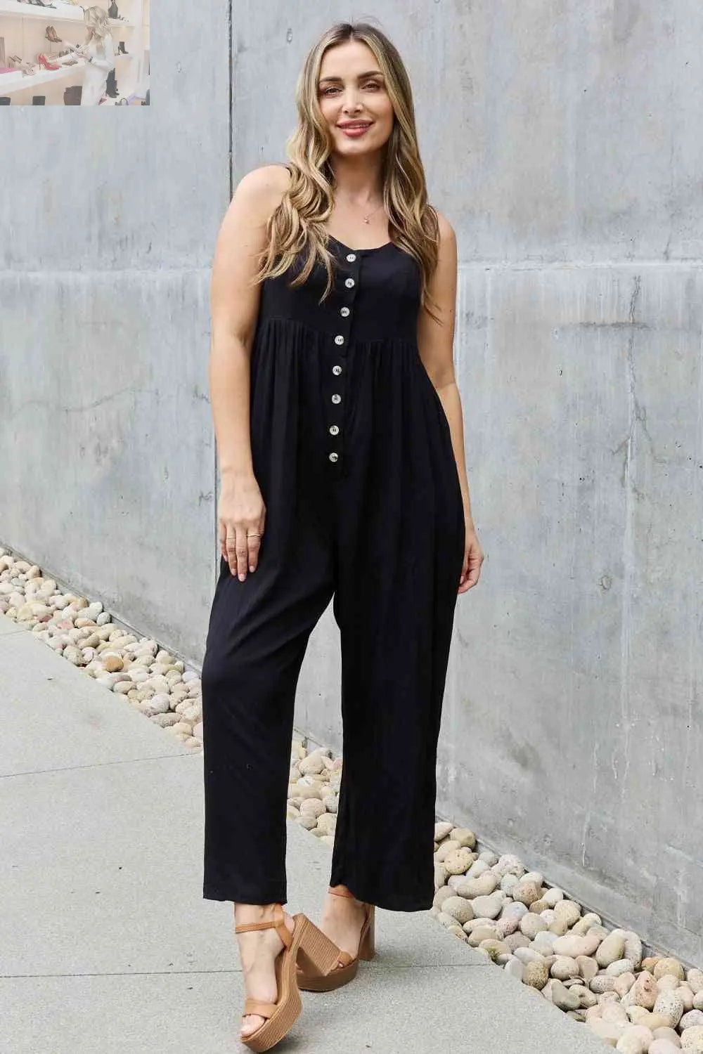 HEYSON All Day Full Size Wide Leg Button Down Jumpsuit in Black - MegaSuperStar