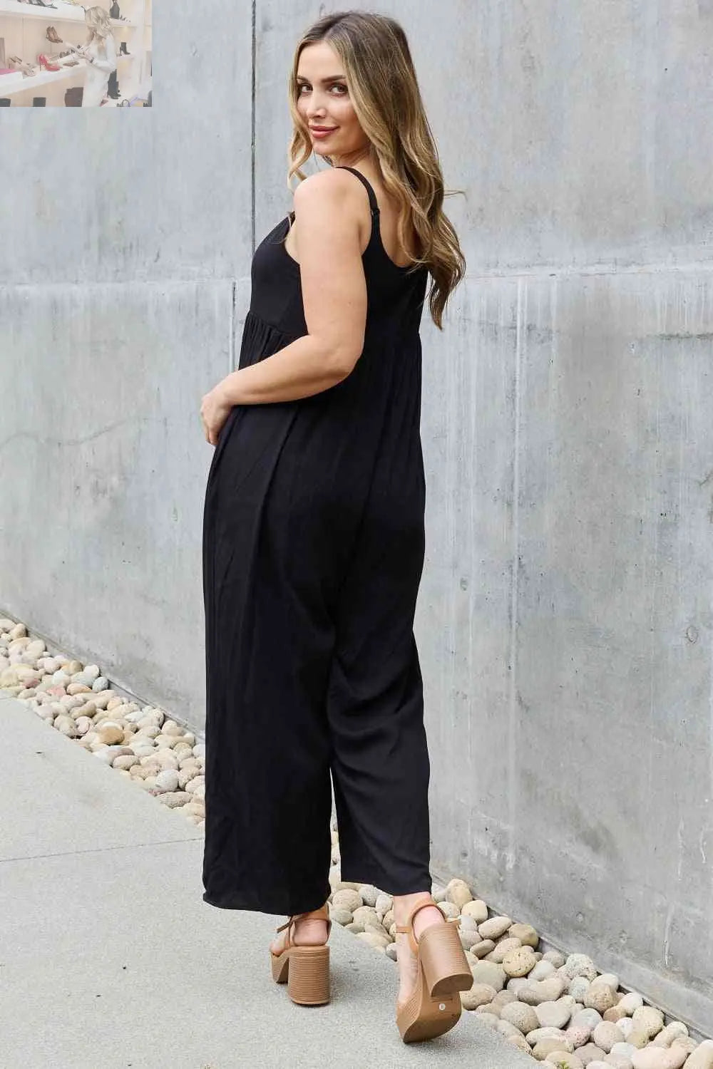 HEYSON All Day Full Size Wide Leg Button Down Jumpsuit in Black - MegaSuperStar