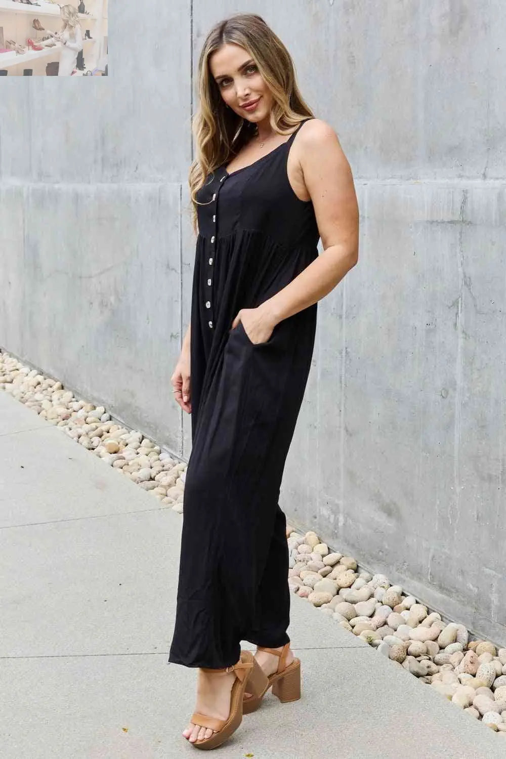 HEYSON All Day Full Size Wide Leg Button Down Jumpsuit in Black - MegaSuperStar