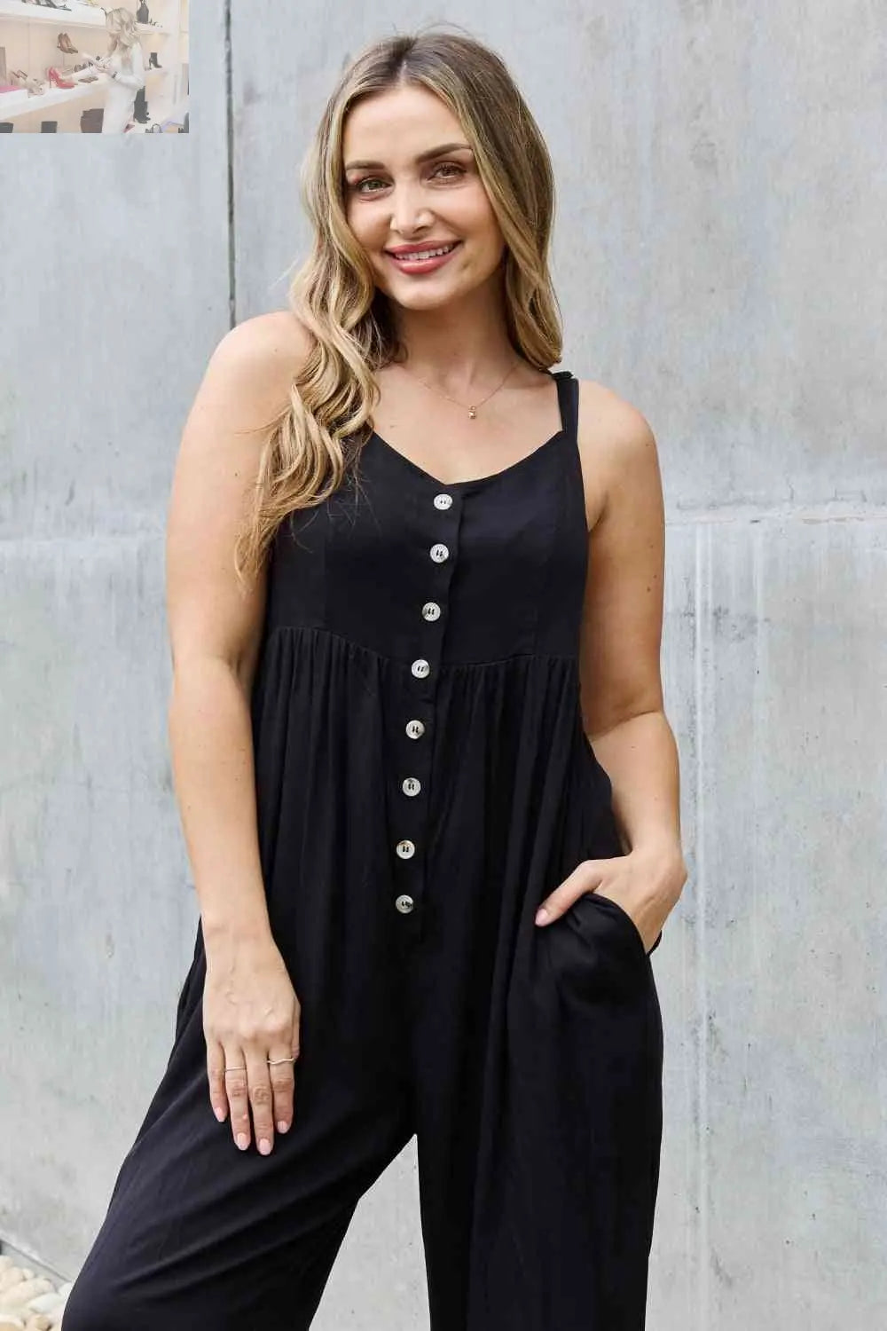 HEYSON All Day Full Size Wide Leg Button Down Jumpsuit in Black - MegaSuperStar