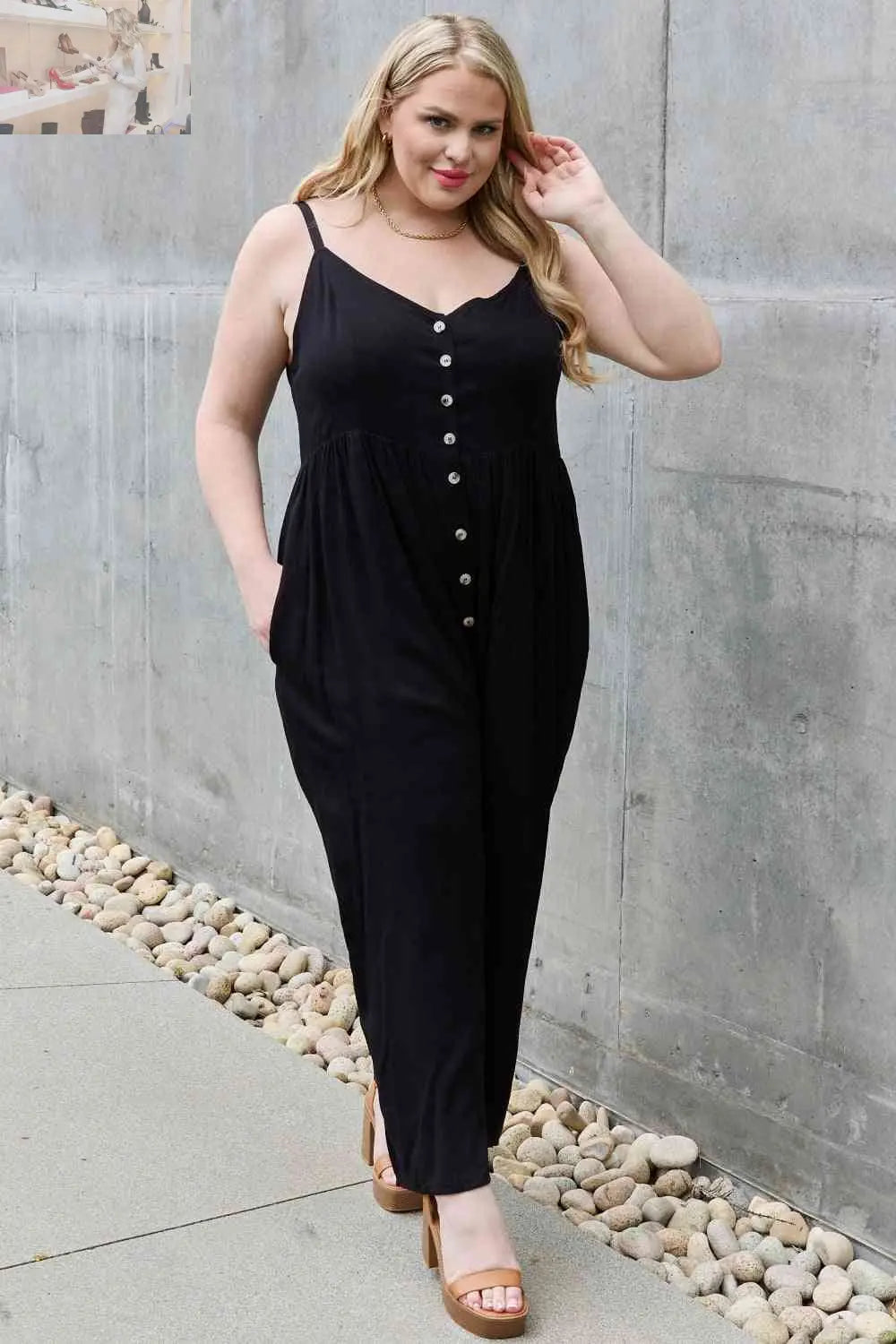 HEYSON All Day Full Size Wide Leg Button Down Jumpsuit in Black - MegaSuperStar