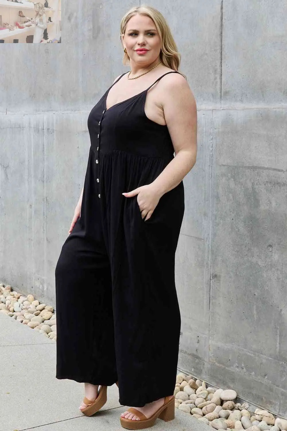 HEYSON All Day Full Size Wide Leg Button Down Jumpsuit in Black - MegaSuperStar