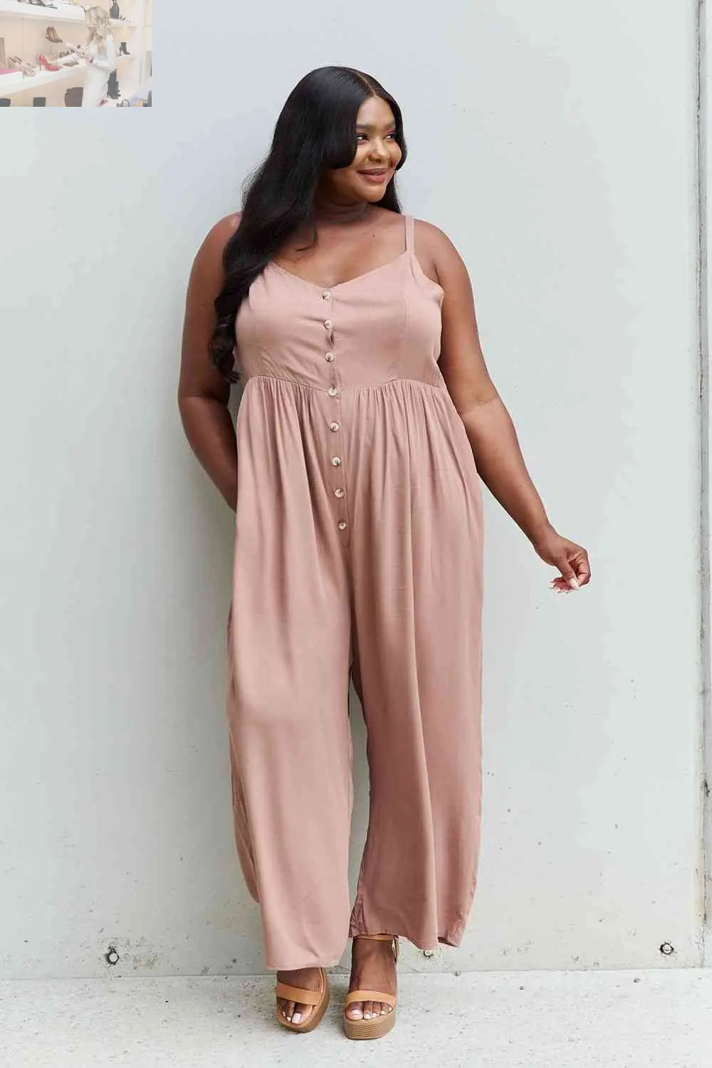 HEYSON All Day Full Size Wide Leg Button Down Jumpsuit in Mocha - MegaSuperStar