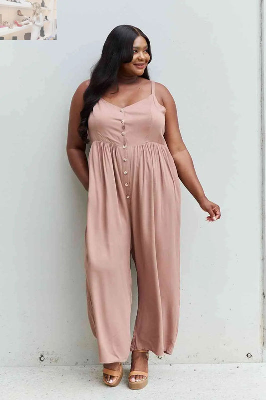 HEYSON All Day Full Size Wide Leg Button Down Jumpsuit in Mocha - MegaSuperStar