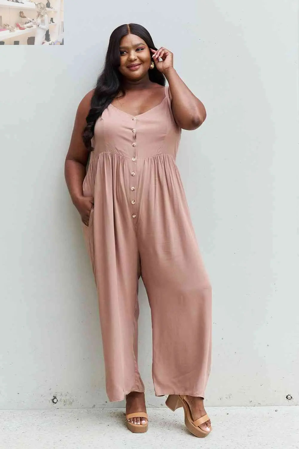 HEYSON All Day Full Size Wide Leg Button Down Jumpsuit in Mocha - MegaSuperStar