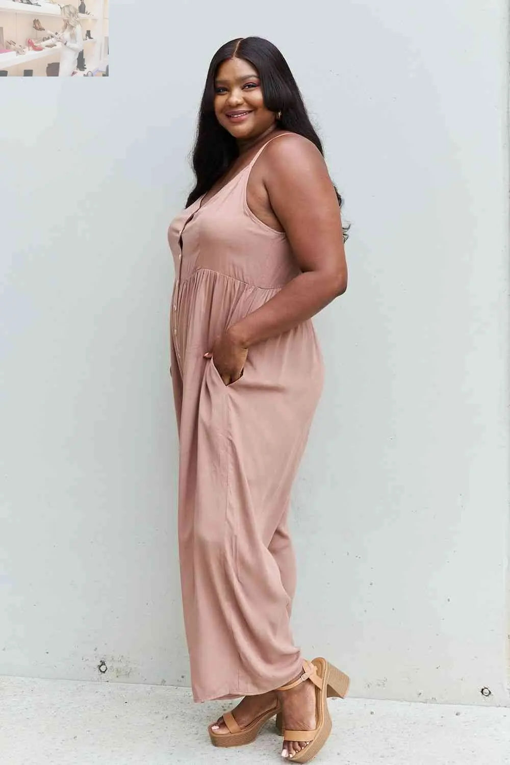 HEYSON All Day Full Size Wide Leg Button Down Jumpsuit in Mocha - MegaSuperStar