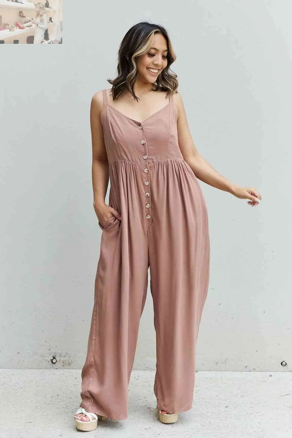 HEYSON All Day Full Size Wide Leg Button Down Jumpsuit in Mocha - MegaSuperStar