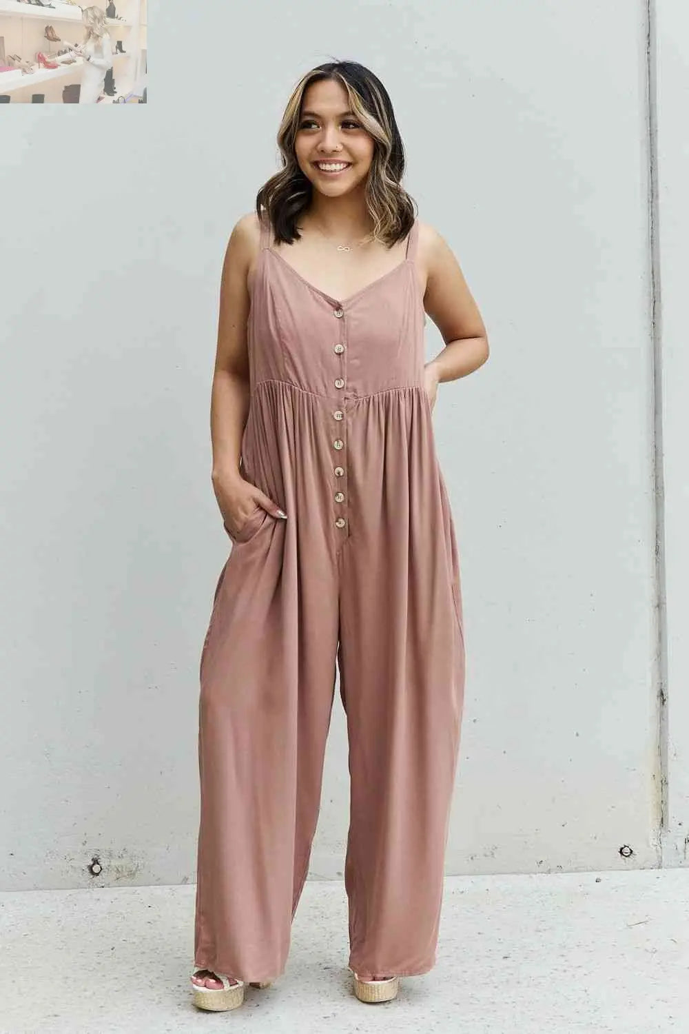 HEYSON All Day Full Size Wide Leg Button Down Jumpsuit in Mocha - MegaSuperStar