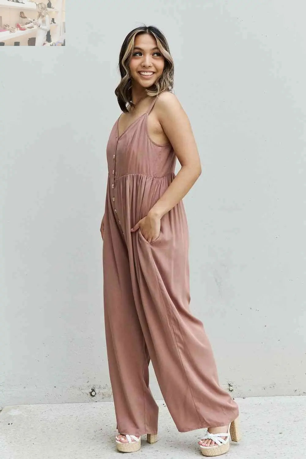 HEYSON All Day Full Size Wide Leg Button Down Jumpsuit in Mocha - MegaSuperStar