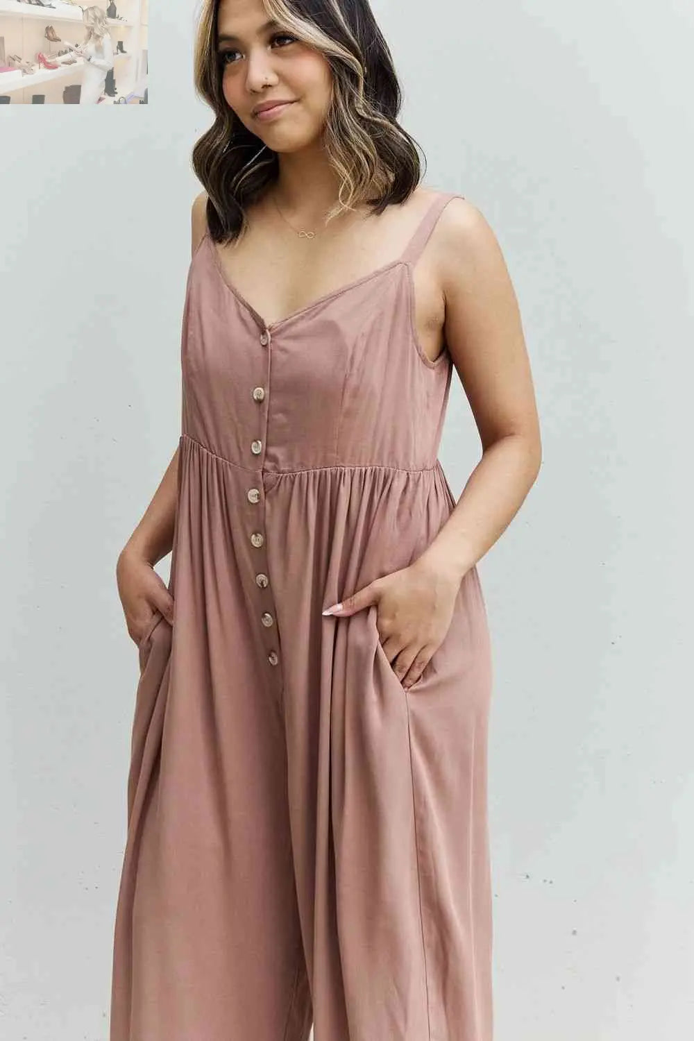 HEYSON All Day Full Size Wide Leg Button Down Jumpsuit in Mocha - MegaSuperStar