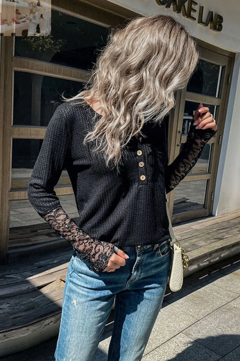 Half Button Spliced Lace Waffle-Knit Top - MegaSuperStar