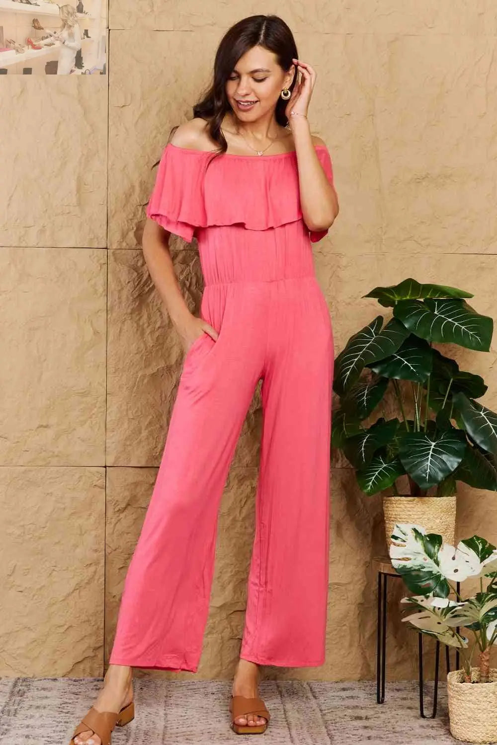 Heimish My Favorite Full Size Off-Shoulder Jumpsuit with Pockets - MegaSuperStar