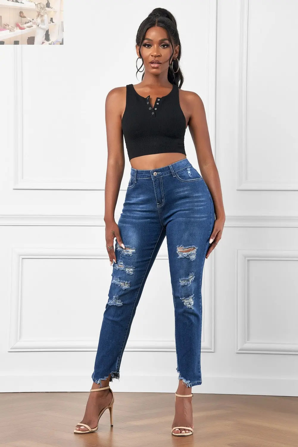 High-Rise Distressed Hem Detail Jeans - MegaSuperStar