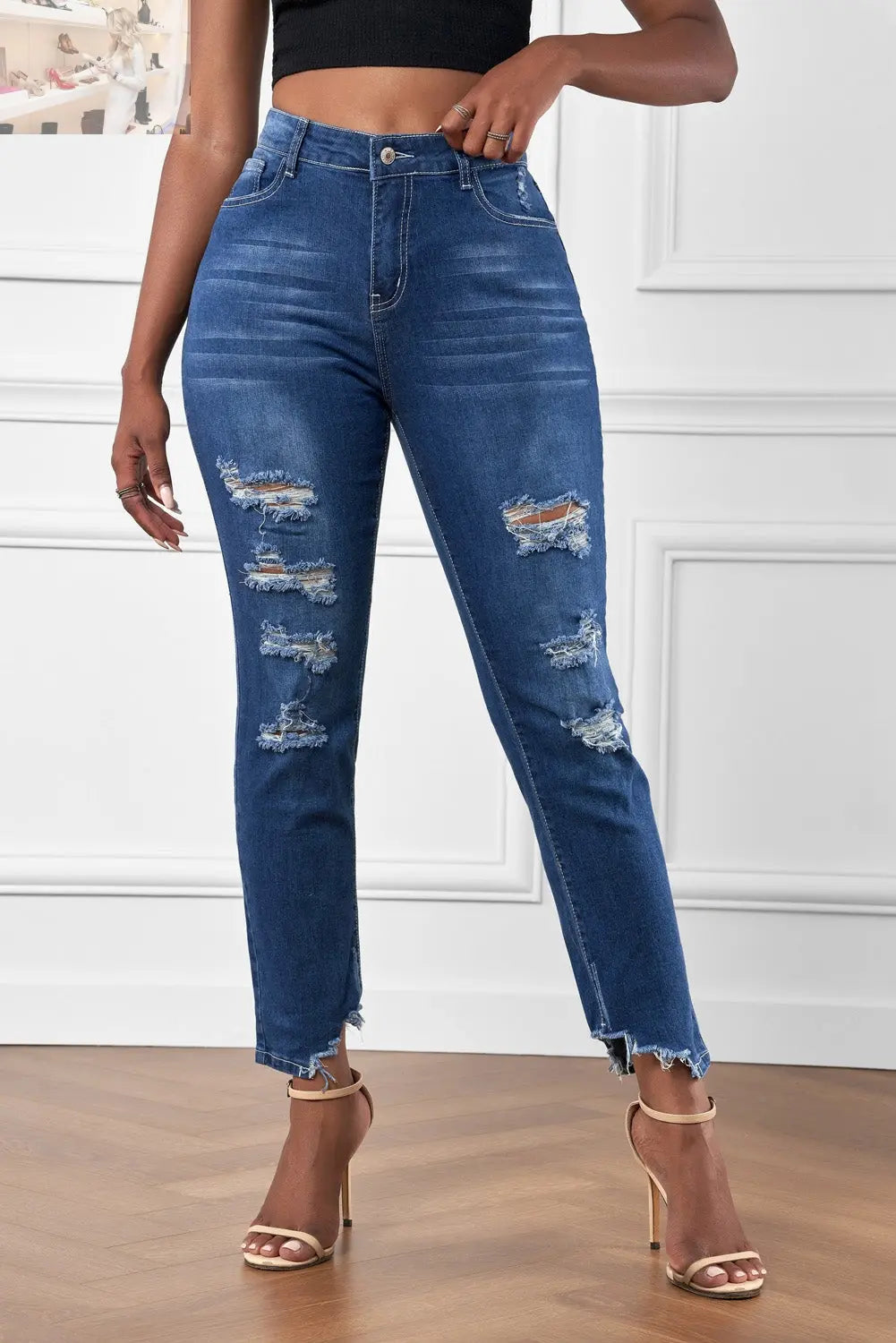 High-Rise Distressed Hem Detail Jeans - MegaSuperStar