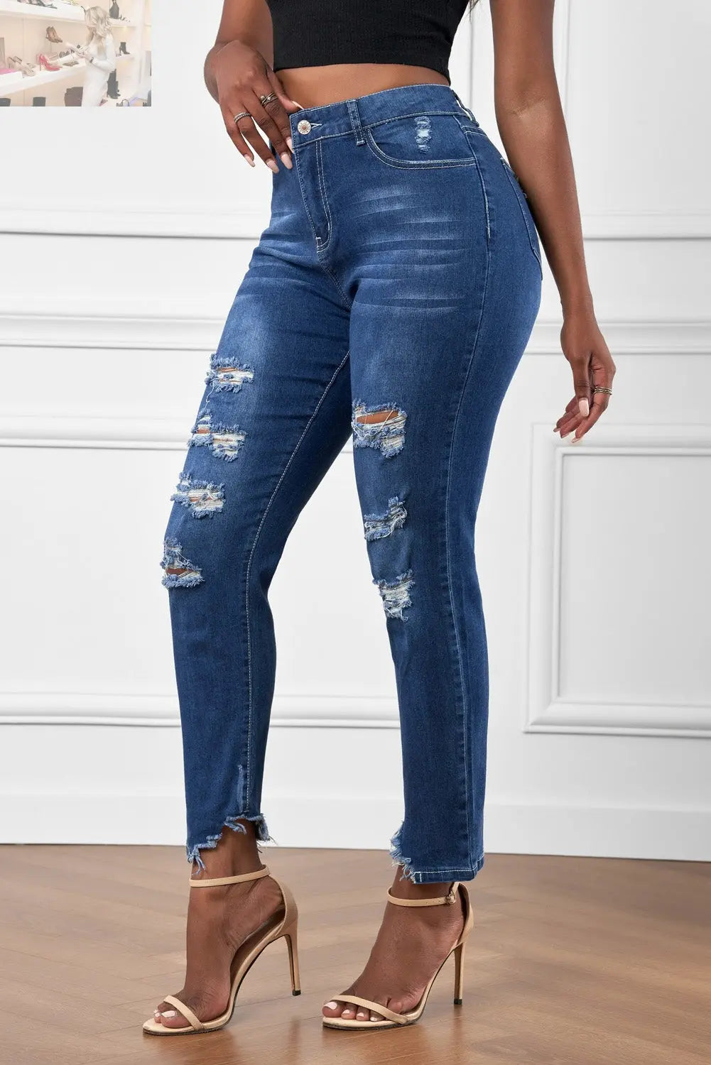 High-Rise Distressed Hem Detail Jeans - MegaSuperStar