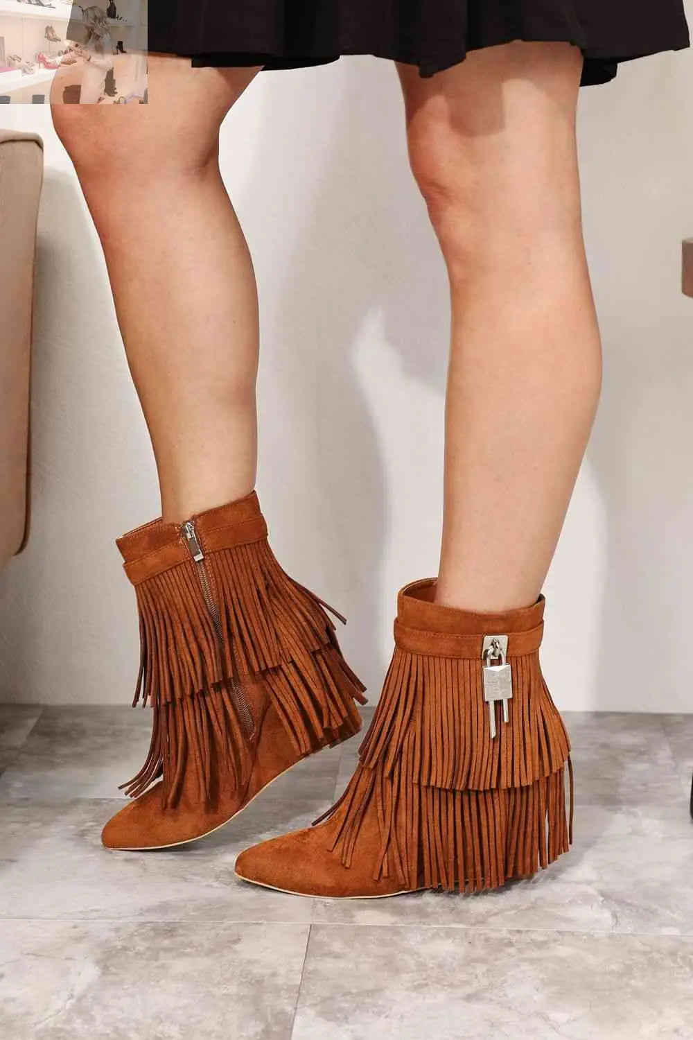 Legend Women's Tassel Wedge Heel Ankle Booties - MegaSuperStar