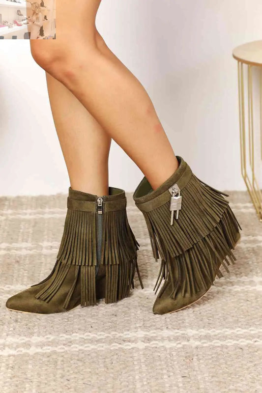 Legend Women's Tassel Wedge Heel Ankle Booties - MegaSuperStar