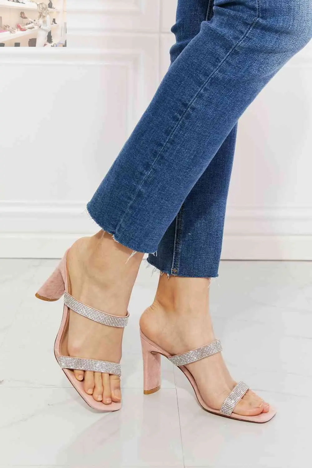 MMShoes Leave A Little Sparkle Rhinestone Block Heel Sandal in Pink - MegaSuperStar