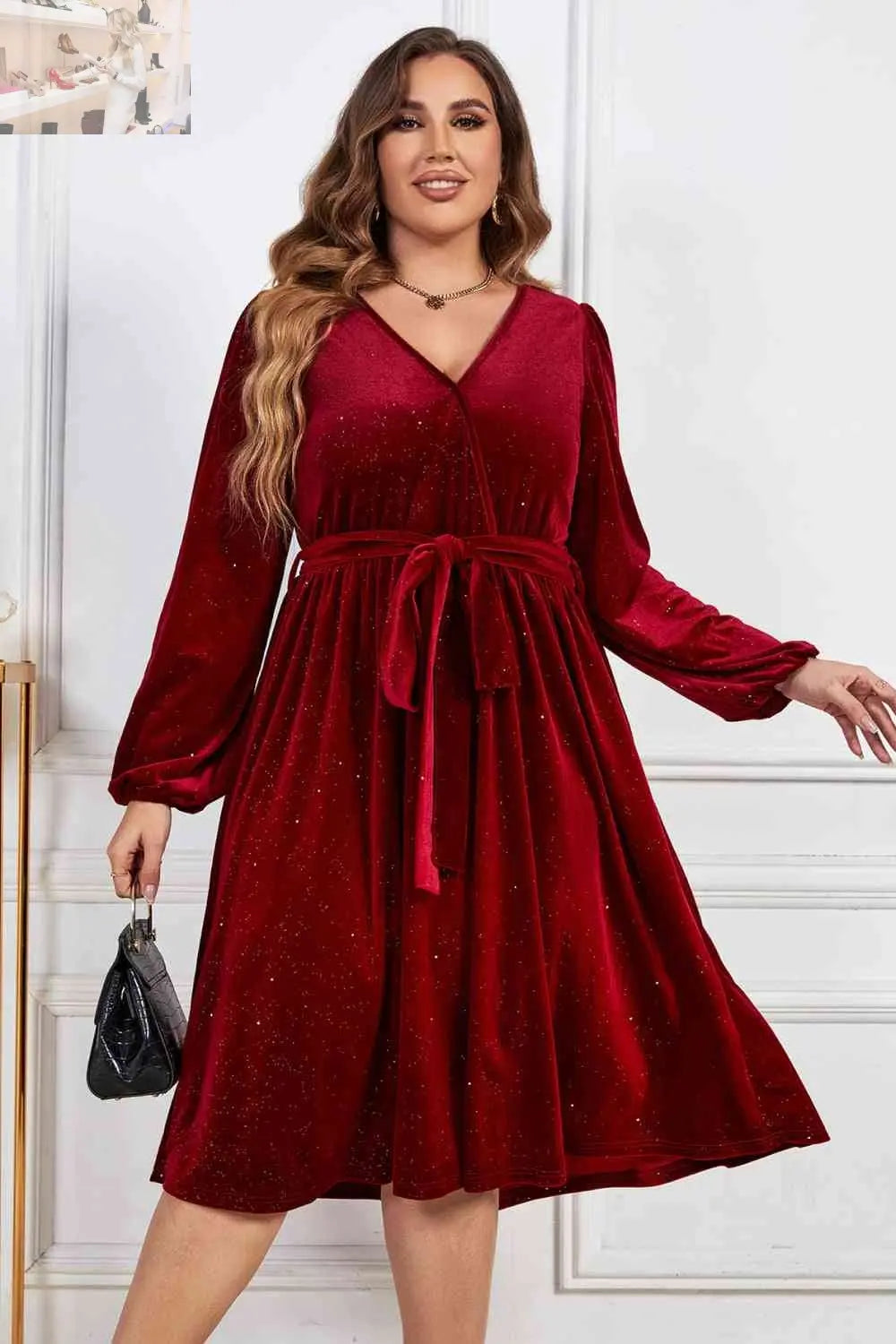 Melo Apparel Plus Size Surplice Neck Balloon Sleeve Tie Belt Midi Dress - MegaSuperStar