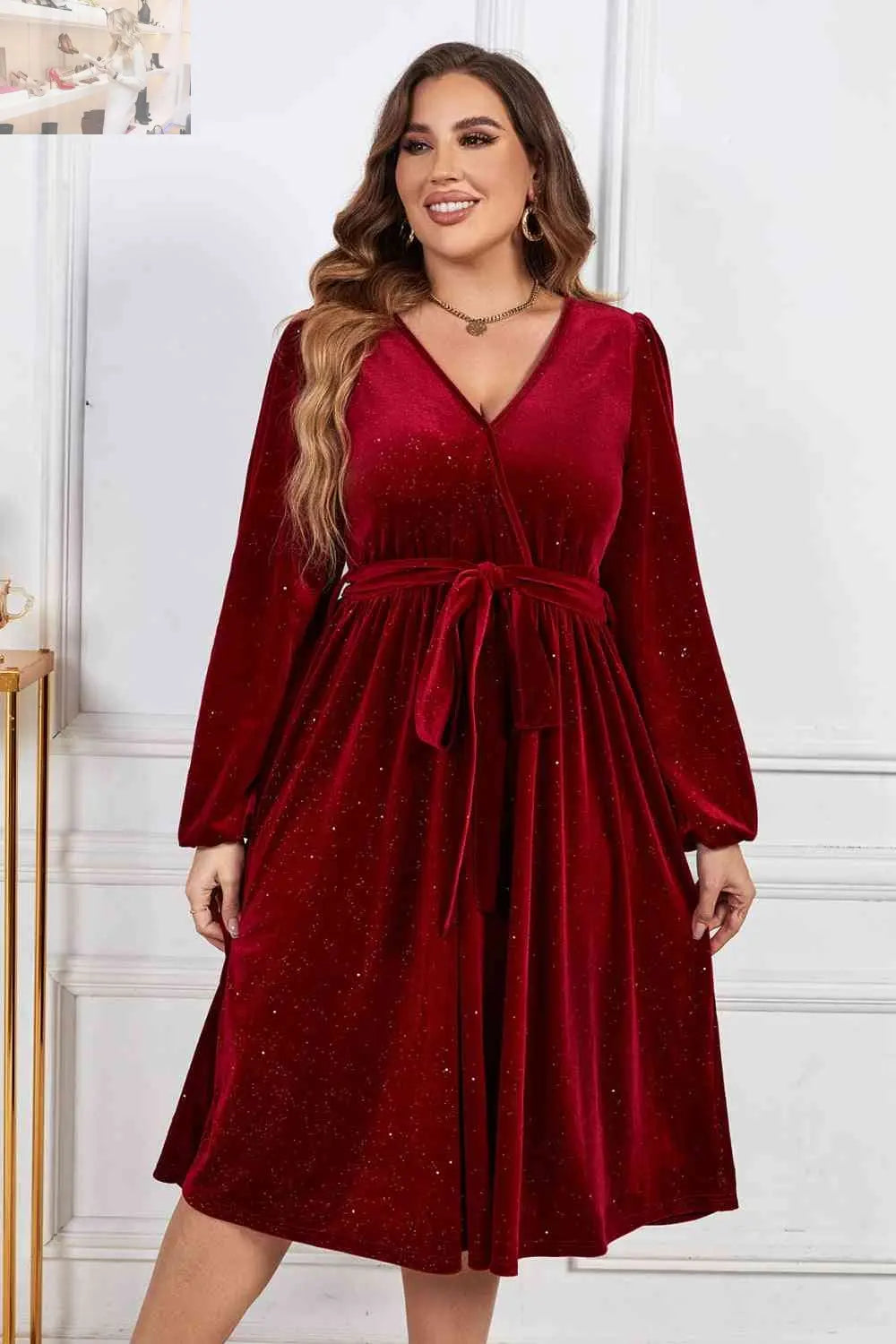 Melo Apparel Plus Size Surplice Neck Balloon Sleeve Tie Belt Midi Dress - MegaSuperStar