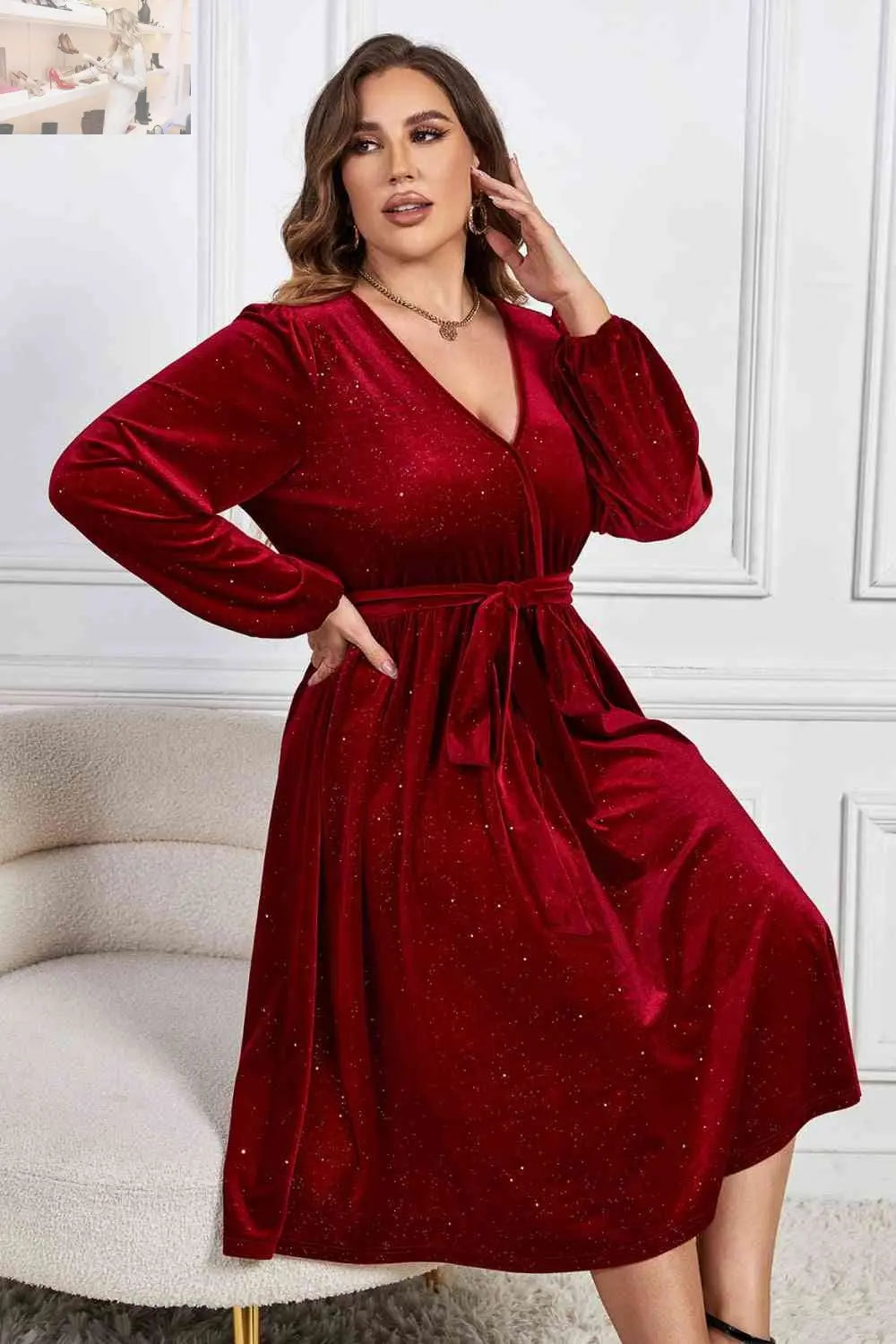 Melo Apparel Plus Size Surplice Neck Balloon Sleeve Tie Belt Midi Dress - MegaSuperStar