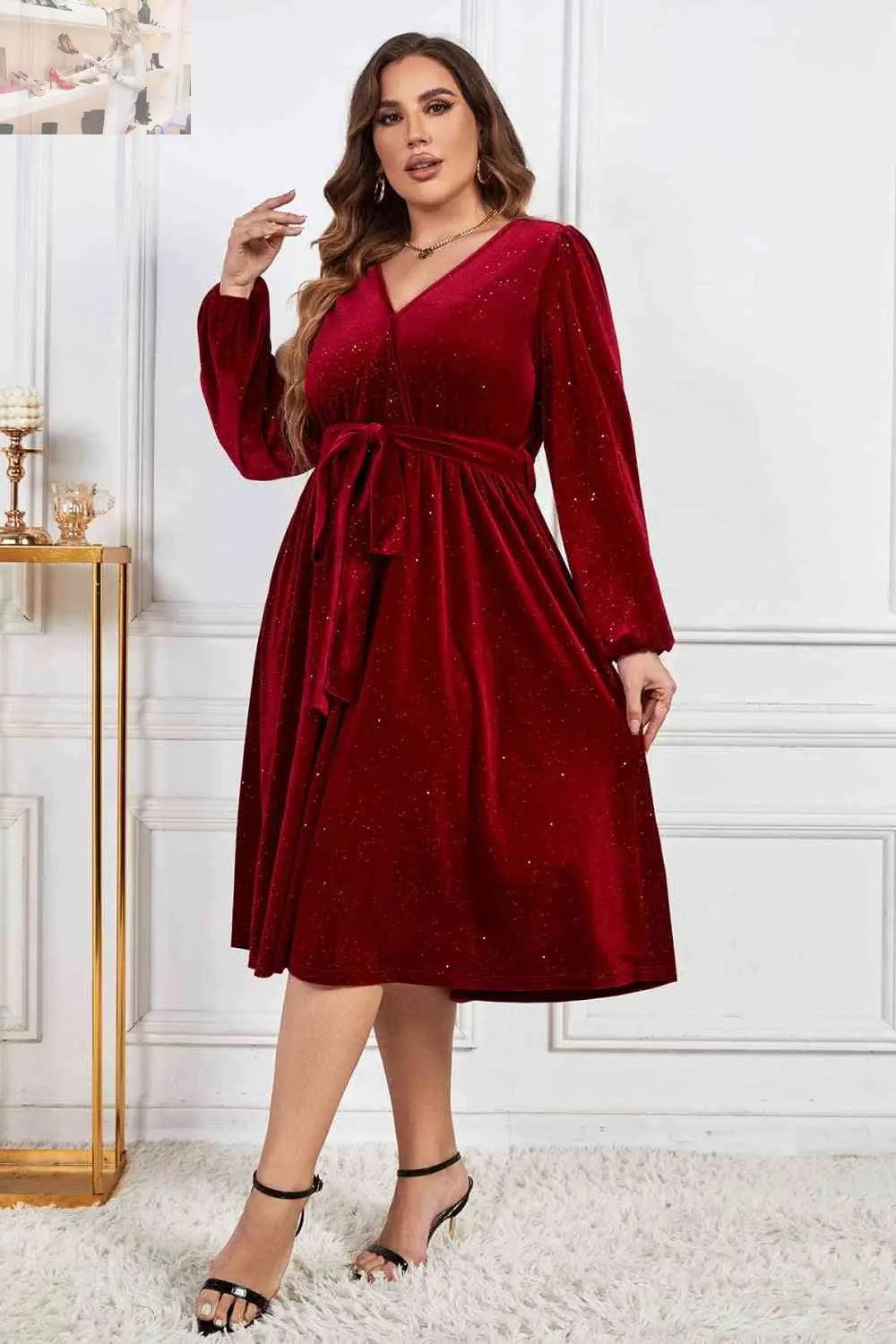 Melo Apparel Plus Size Surplice Neck Balloon Sleeve Tie Belt Midi Dress - MegaSuperStar