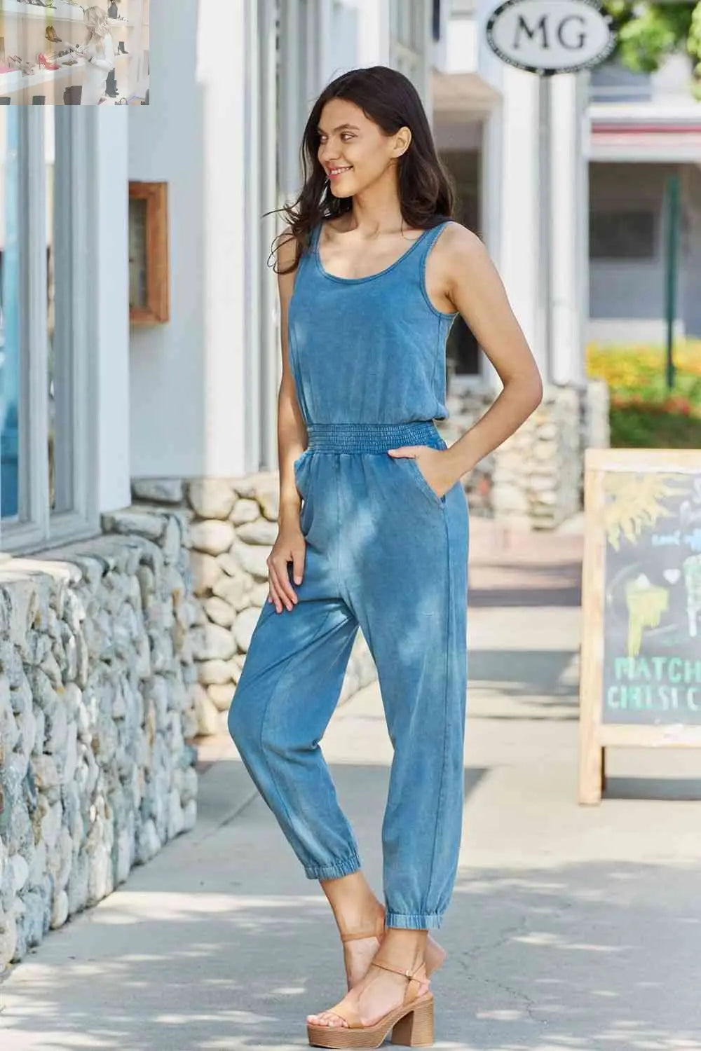 ODDI Full Size Acid Wash Casual Jumpsuit - MegaSuperStar