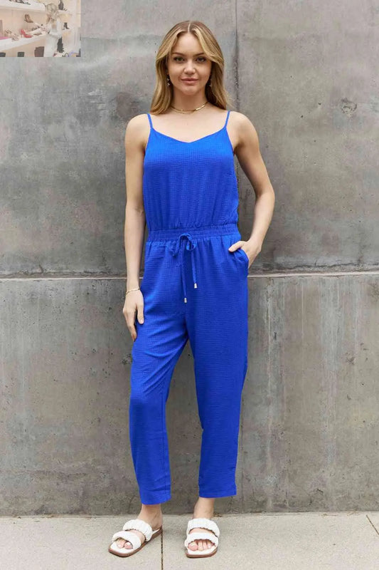 ODDI Full Size Textured Woven Jumpsuit in Royal Blue - MegaSuperStar