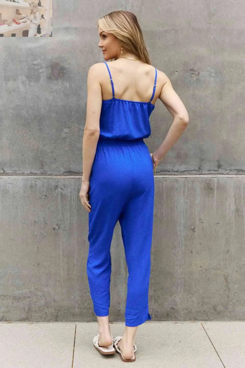 ODDI Full Size Textured Woven Jumpsuit in Royal Blue - MegaSuperStar