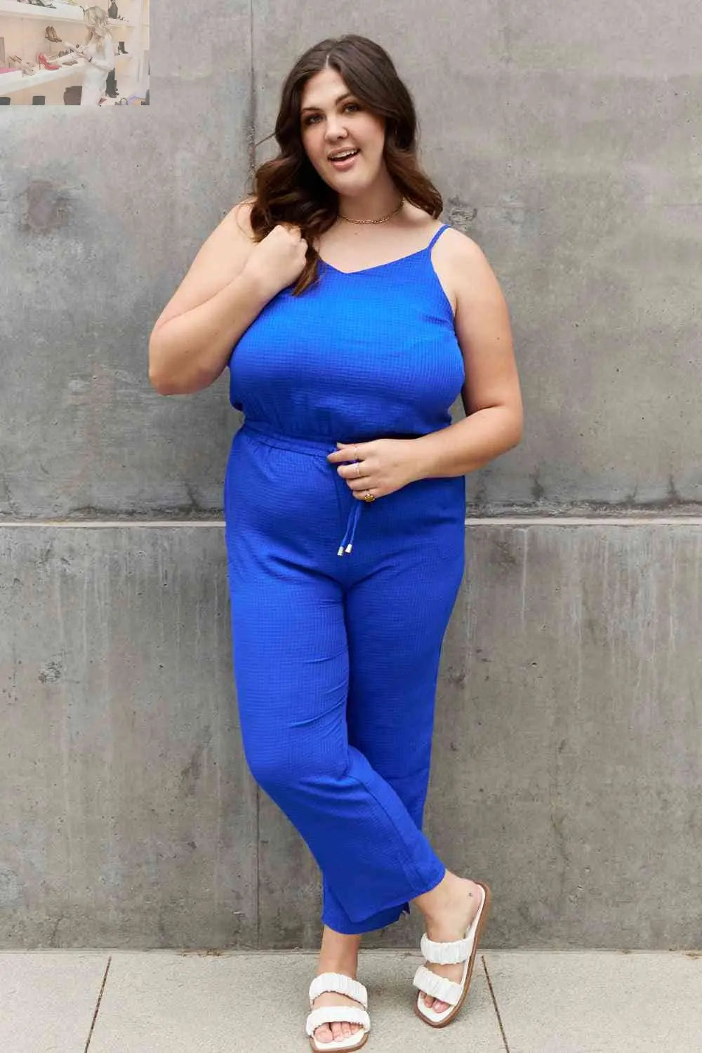 ODDI Full Size Textured Woven Jumpsuit in Royal Blue - MegaSuperStar