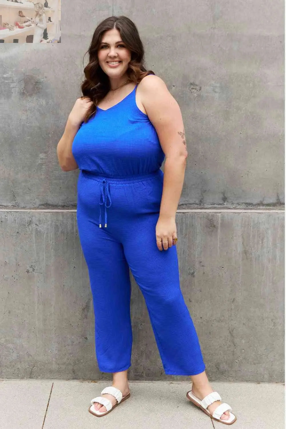 ODDI Full Size Textured Woven Jumpsuit in Royal Blue - MegaSuperStar