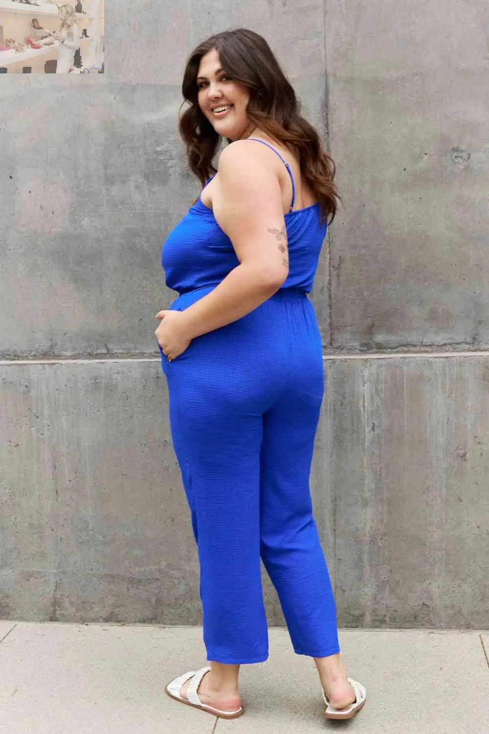 ODDI Full Size Textured Woven Jumpsuit in Royal Blue - MegaSuperStar