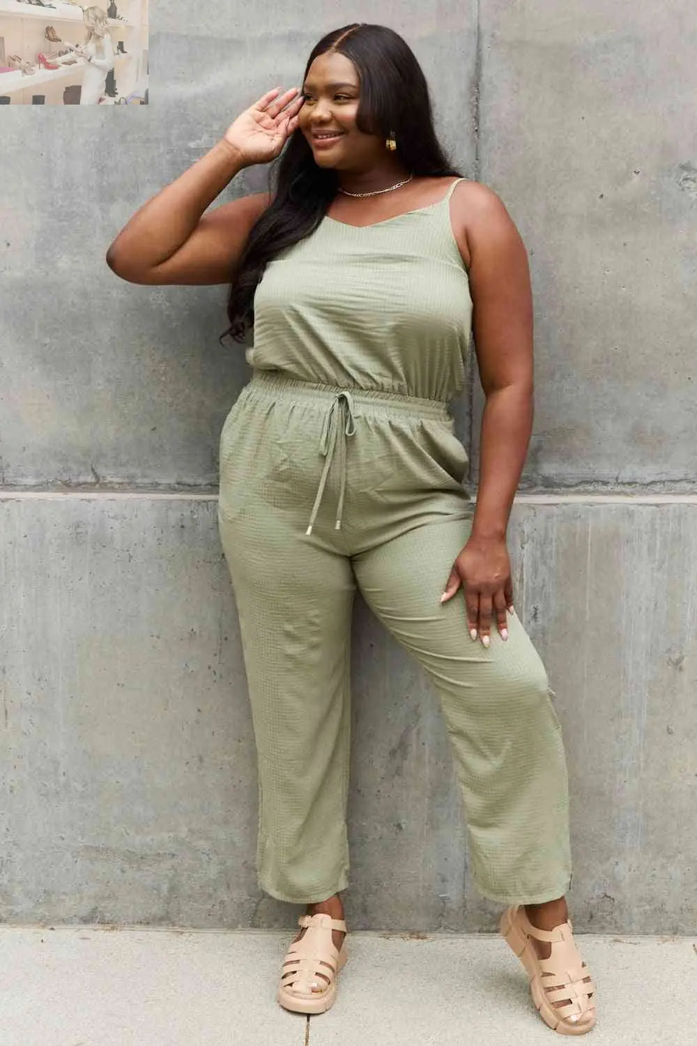 ODDI Full Size Textured Woven Jumpsuit in Sage - MegaSuperStar