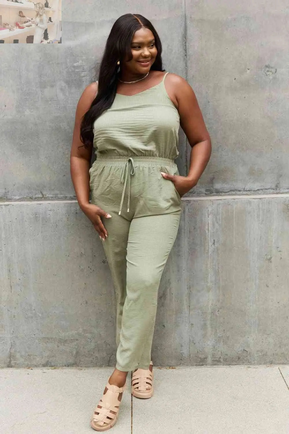 ODDI Full Size Textured Woven Jumpsuit in Sage - MegaSuperStar