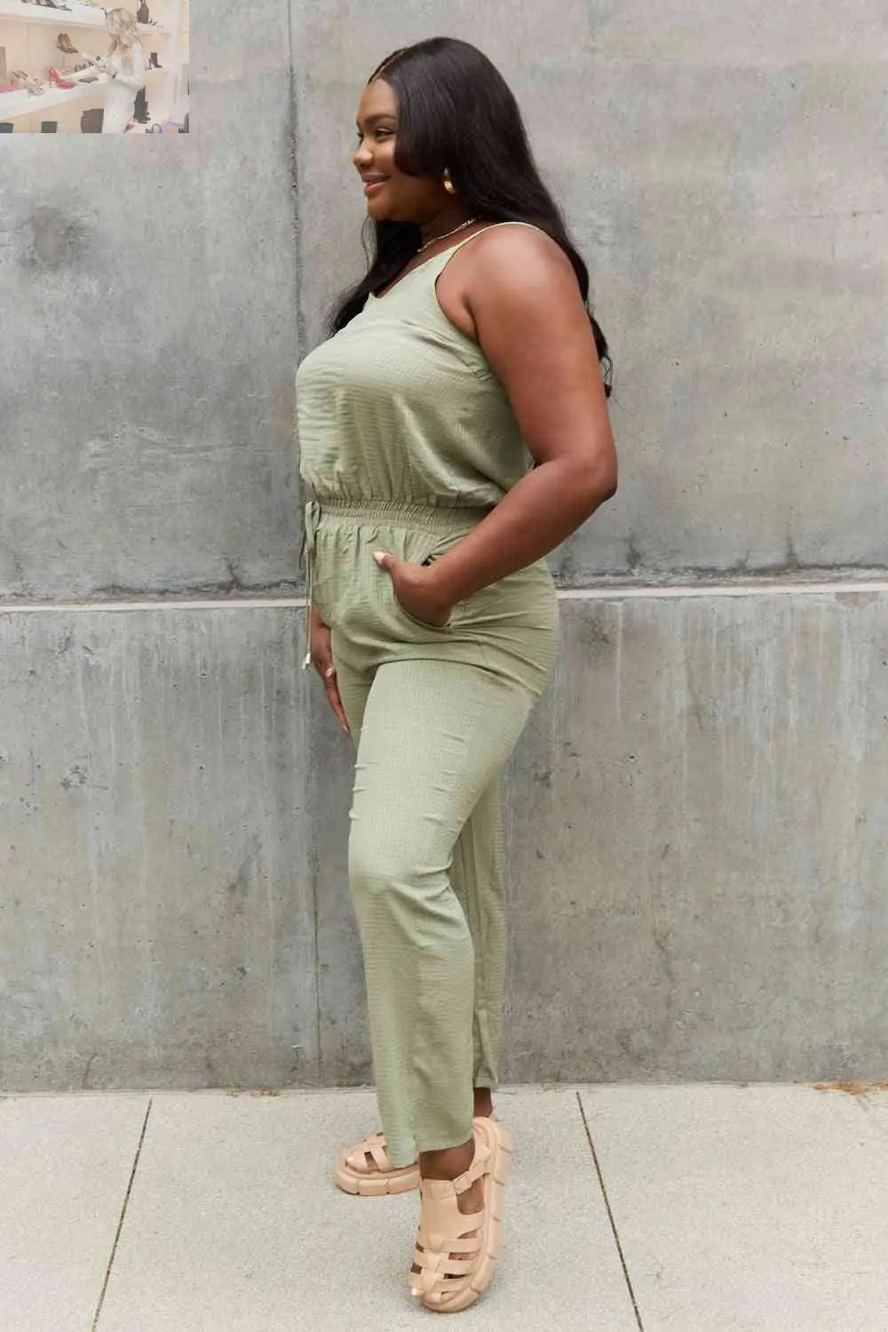 ODDI Full Size Textured Woven Jumpsuit in Sage - MegaSuperStar