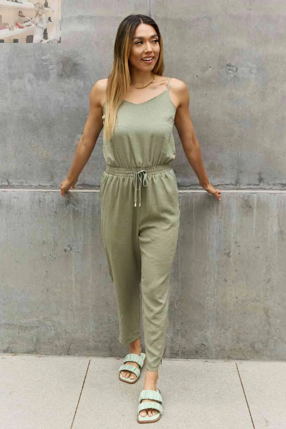 ODDI Full Size Textured Woven Jumpsuit in Sage - MegaSuperStar