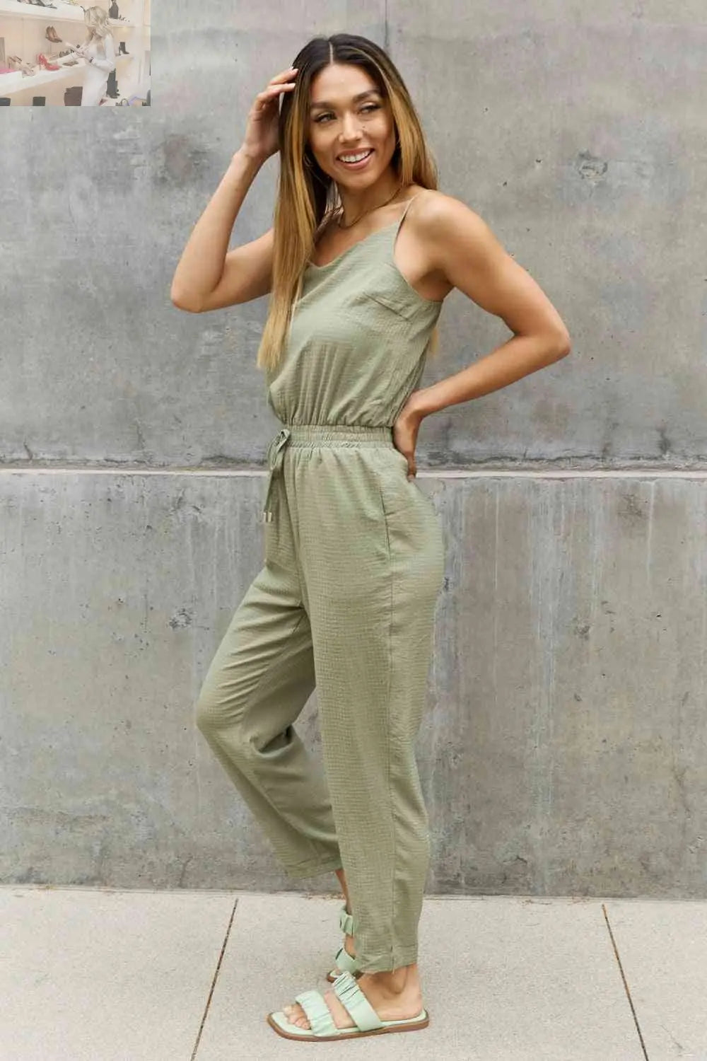 ODDI Full Size Textured Woven Jumpsuit in Sage - MegaSuperStar