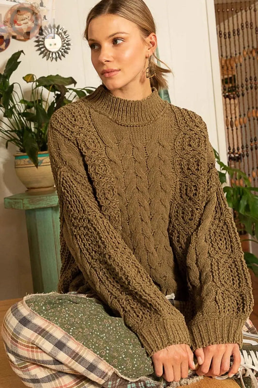POL Mock Neck Cable Knit Sweater