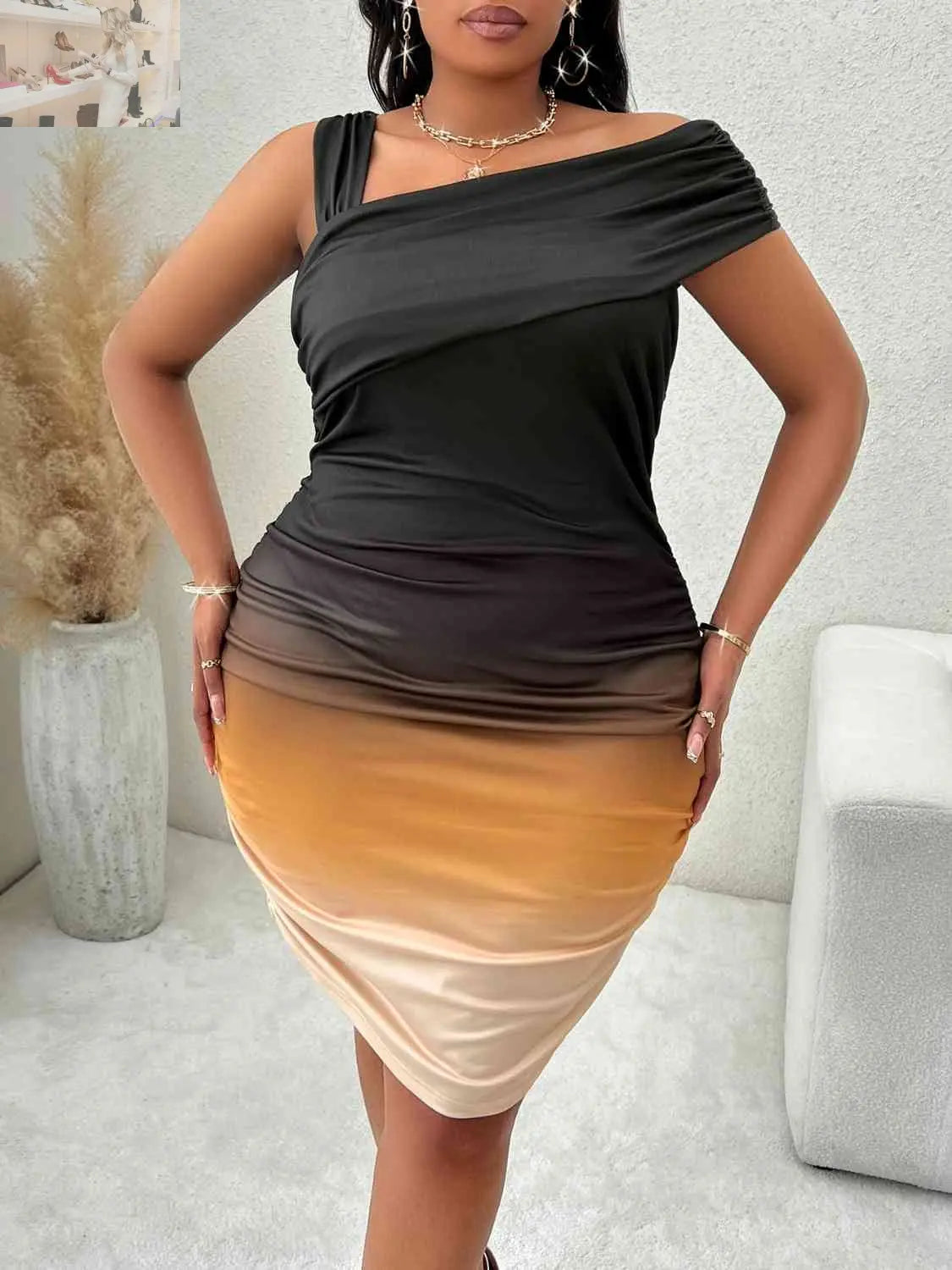 Plus Size Asymmetrical Neck Bodycon Dress - MegaSuperStar