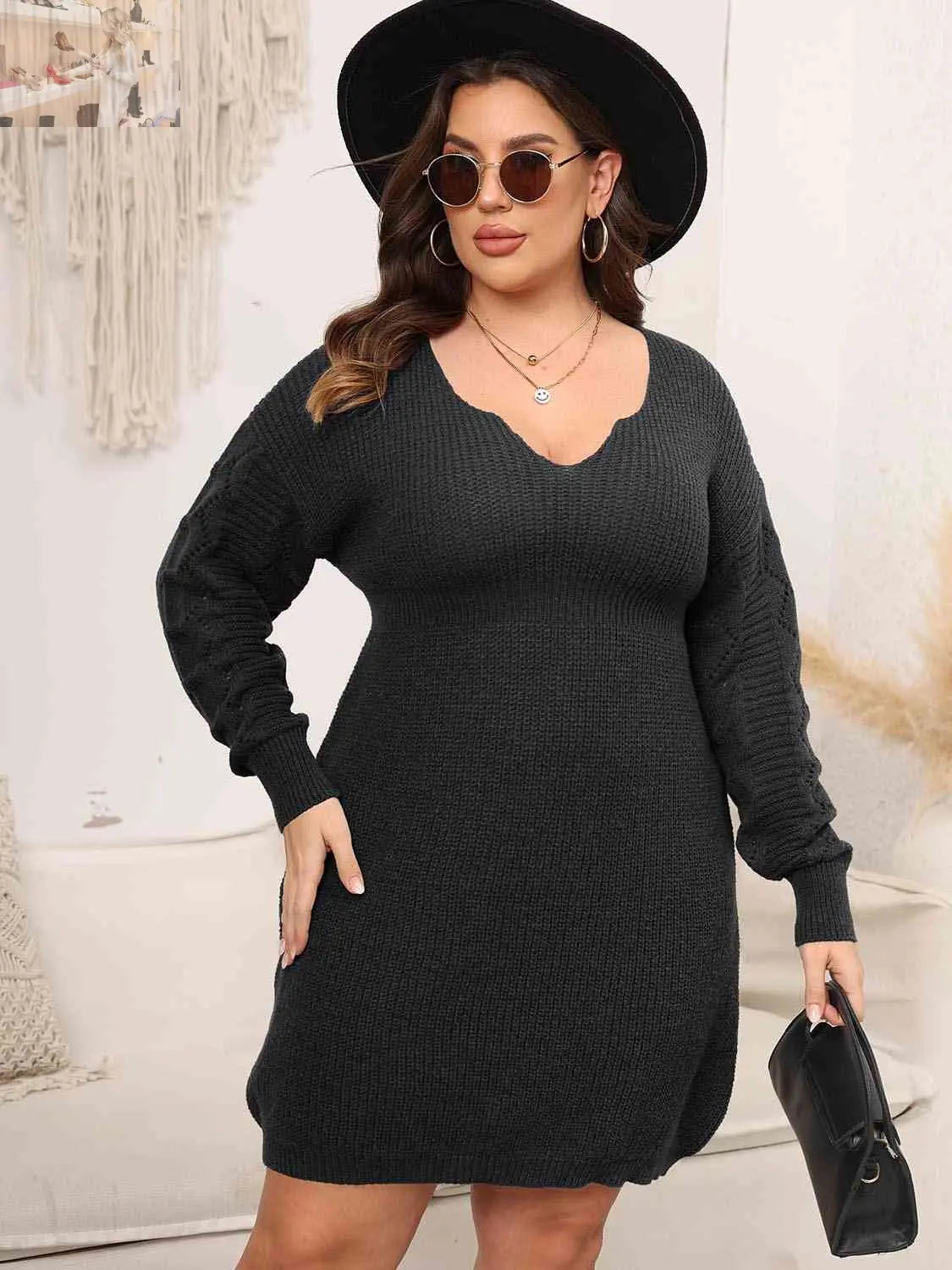 Plus Size Dropped Shoulder Long Sleeve Knit Mini Dress - MegaSuperStar