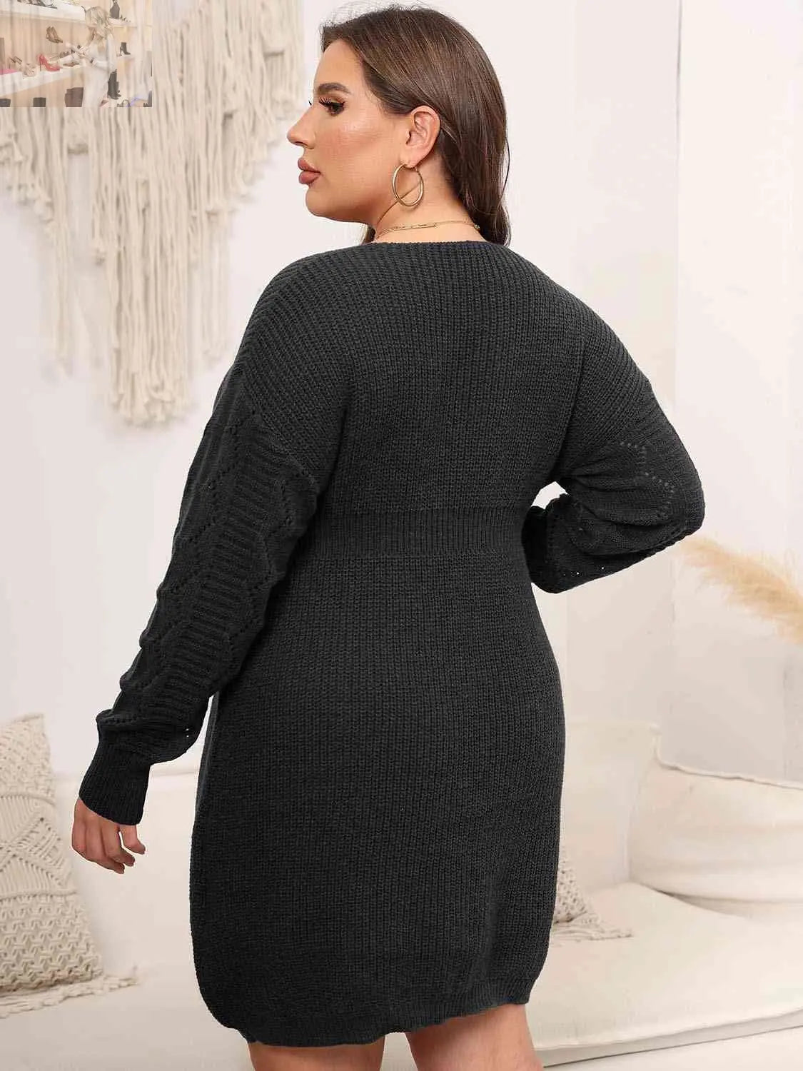 Plus Size Dropped Shoulder Long Sleeve Knit Mini Dress - MegaSuperStar