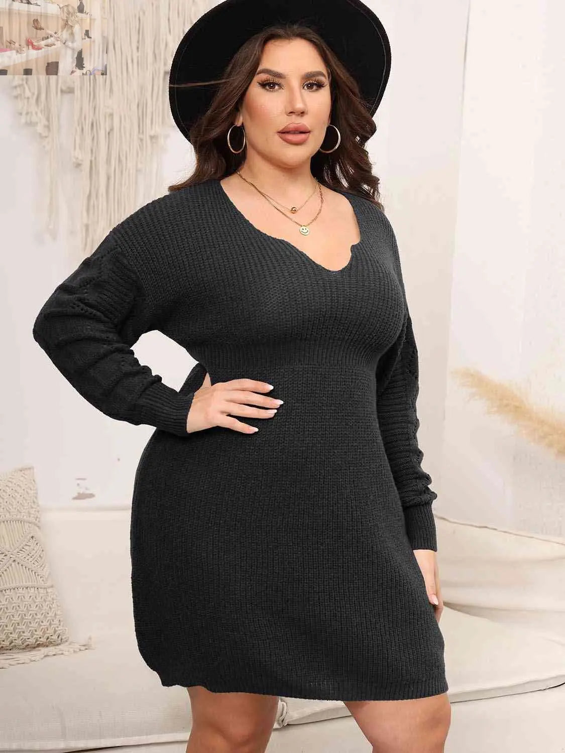 Plus Size Dropped Shoulder Long Sleeve Knit Mini Dress - MegaSuperStar