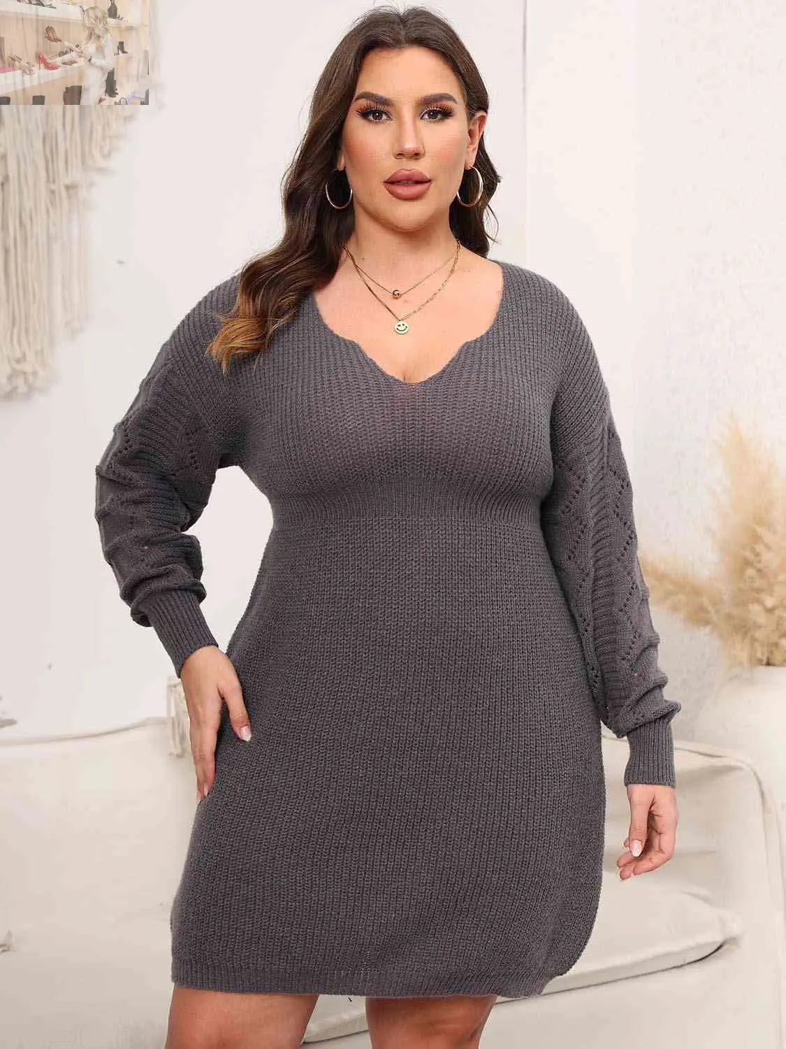 Plus Size Dropped Shoulder Long Sleeve Knit Mini Dress - MegaSuperStar