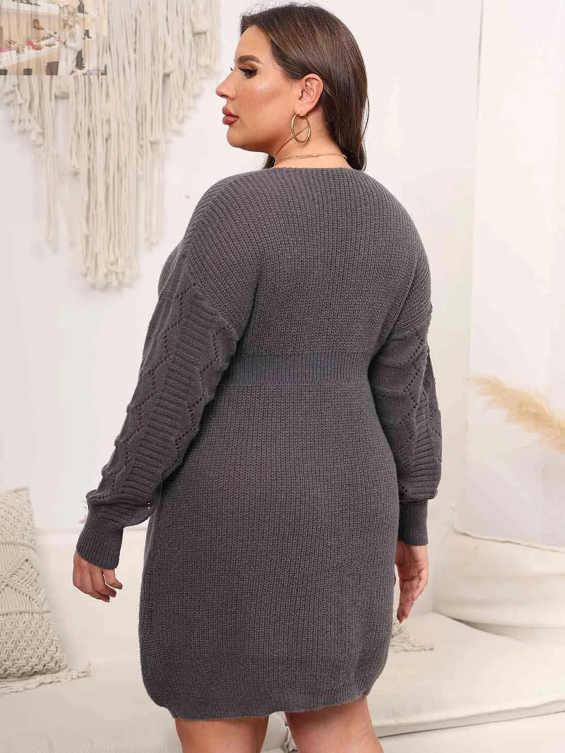 Plus Size Dropped Shoulder Long Sleeve Knit Mini Dress - MegaSuperStar