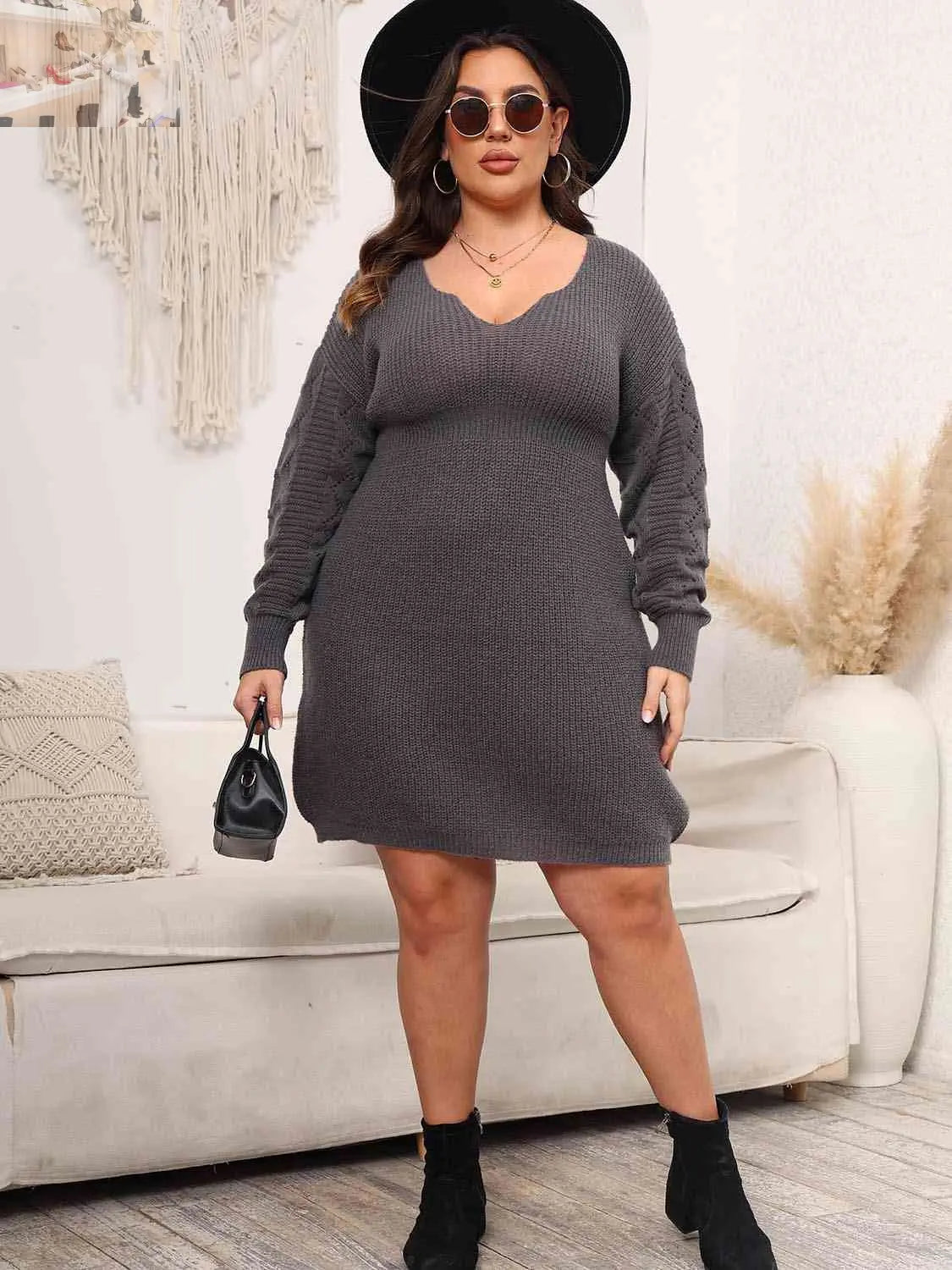 Plus Size Dropped Shoulder Long Sleeve Knit Mini Dress - MegaSuperStar