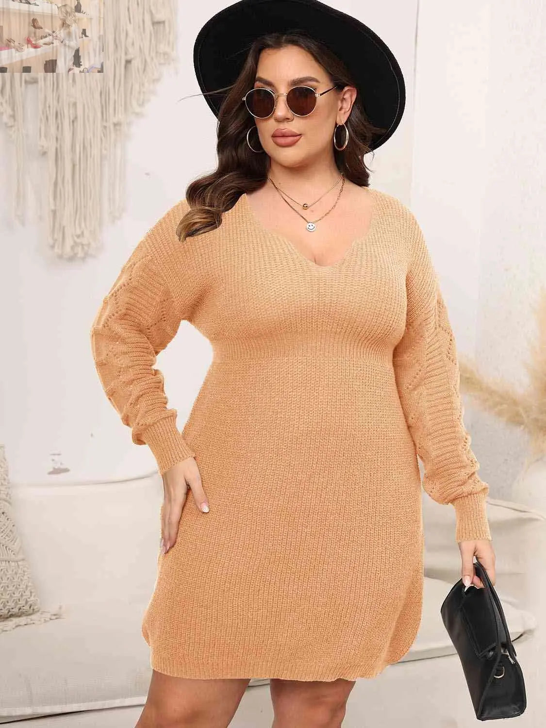 Plus Size Dropped Shoulder Long Sleeve Knit Mini Dress - MegaSuperStar